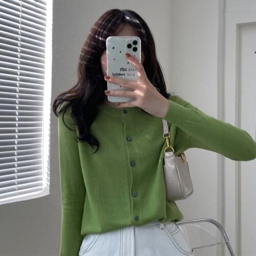 Spring Avocado Green Knit Sweater Cardigan Women Top 2021 New Loose Long Sleeved Base Sweater Jacket Female Coats Button