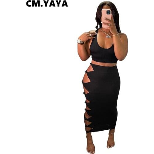 CM.YAYA Women Skirt Solid Mid Waist Bandage Hollow Out Side Strechy Bodycon Maxi Long Skirts Fashion Sexy Streetwear Summer 2021