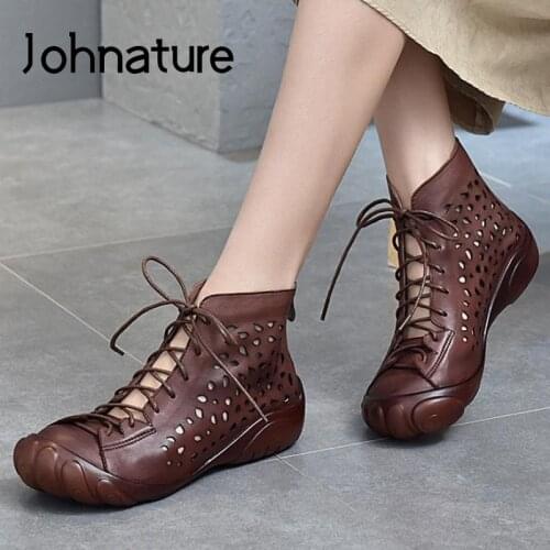 Johnature Women Sandals 2021 New Summer Genuine Leather Lace-Up Retro Shoes Handmade Concise Flat With Leisure Ladies Sandals