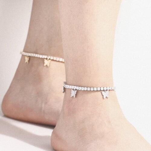 Women Iced Out Ankle Bracelets Butterfly Charm 4mm Cubic Zirconia Tennis Chain Anklet Gift for Girl Beach Hip Hop Feet Jewelry