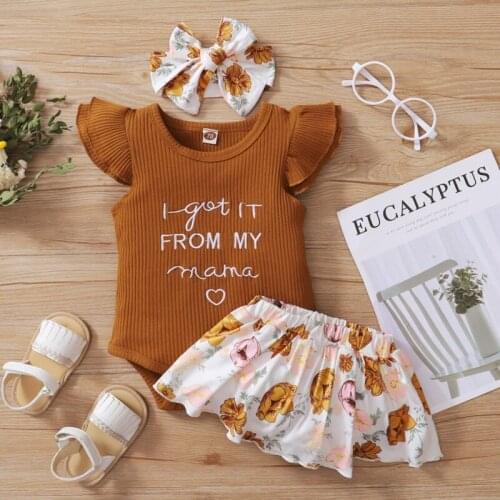 2 pcs/ set Summer Baby Girls Letter Print Top Floral Skirt Set With Cute Butterfly Hair Band