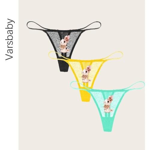 Varsbaby 3pcs Womens Panties Sexy Lace Thong Transparent Low-Rise Underpant Bunny stickers Thong Female G-String