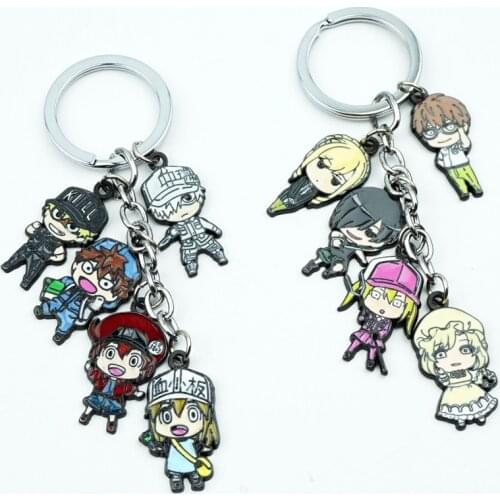 Anime Cells at Work Keychain Keyring 5 In 1 Set Alloy Metal Pendant Cartoon Figures Key Ring Cosplay Accessories Gift
