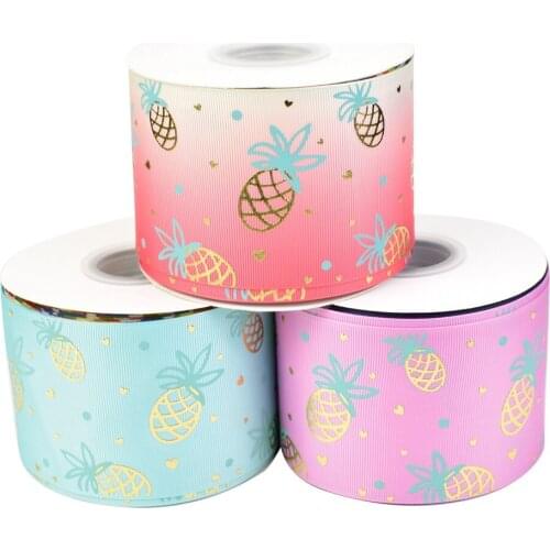 50yards 75mm Gold foil pineapple Grosgrain Ribbon fruit series For DIY Accessories Welcome Custom printed