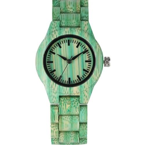 Novel Bamboo Watch for Women Green Quartz Wooden Small Dial Watches for Ladies Bracelet Folding Clasp Wood Wristwatch for Girls