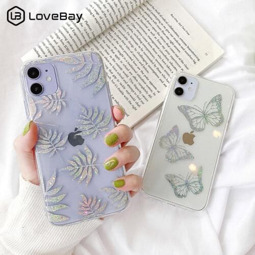 Lovebay Butterfly Leaves Transparent Phone Case For iPhone 11 12 Pro SE 2020 X XR XS Max 8 7 Plus Glitter Clear Soft IMD Cover