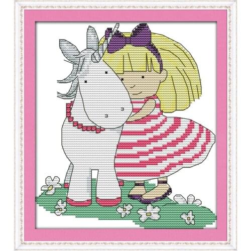 Girl and unicorn horse cross stitch kit 14ct 11ct print canvas stitches embroidery DIY handmade needlework plus