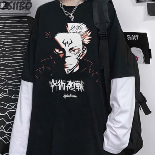 Hip Hop Fake Two Piece Jujutsu Kaisen Yuji Itadori tshirt Male Yuji Itadori Print Unisex Anime T shirt Long Sleeve Mens T-shirt