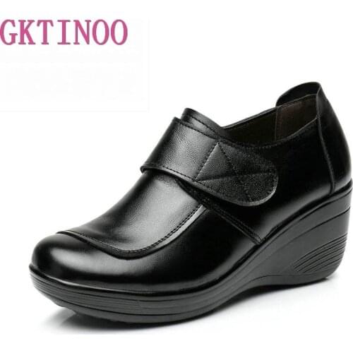 GKTINOO 2021 Wedges Women Shoe Spring Autumn Slip-On High Heels Round Toe Genuine Leather Casual Ladies Platform Shoes Woman