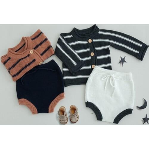 Baby Sets Girls Clothing Pure Cotton Knit Suit Stripes Sweater Jacket Shorts Two Pieces Boys Girls Clothes Sets Girls Clothing