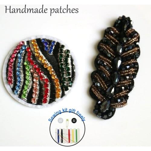 1pc Handmade leaf round rhinestone beaded patches for clothing DIY sew patch embroidered applique decorative sequins Parches