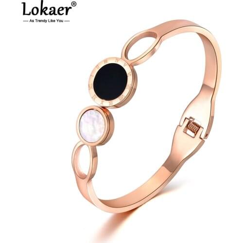 Lokaer Romantic Stainless Steel Roma Letter White&Black Shell Cuff Bangles Bracelets Lovers Jewelry Valentines Day Gift B18051