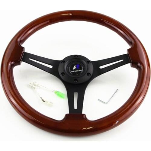 LR Universal 14" 350mm Wood Grain Steering Wheel 6 Bolts 1.75" Dish 3-Spoke Wood