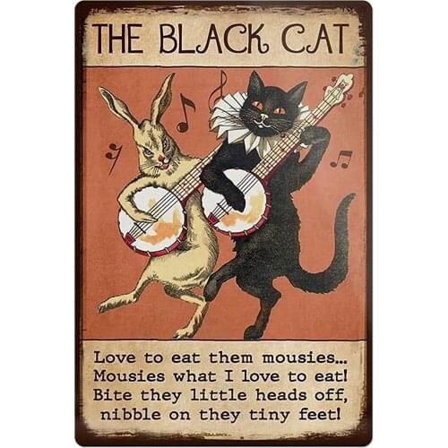 Metal Wall Card THE BLACK CAT Black Cat Rabbit Song Playing Home Living Room Room Decoration Square Metal Wall Card 8X12 Inches