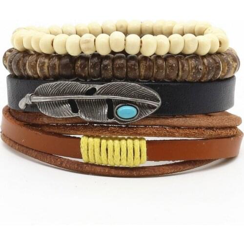 New Fashion Handmade Weave Vintage Punk Cuff Genuine Bead Anchor Feather Charm Leather Men Bracelets For Women Female Jewelry