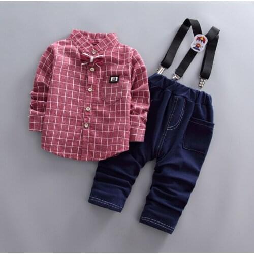Baby Boy Clothes Fashion Plaid Long Sleeved Shirts Tops + Overalls Two Piece Infant Clothing Kids Bebes Jogging Suits Tracksuits