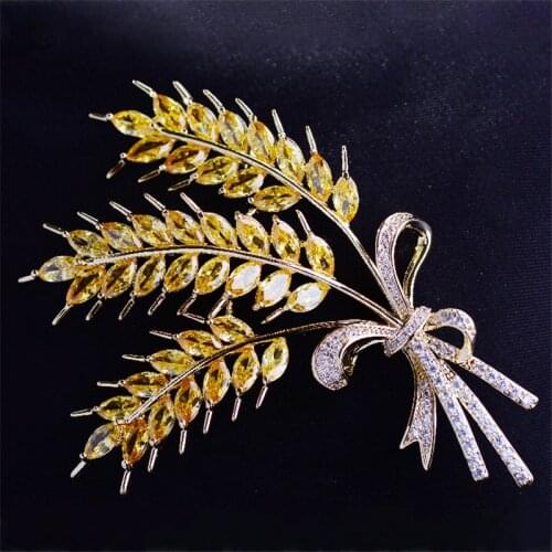 OKILY Gorgeous Yellow Cubic Zircon Barley Brooches for Women Lovely Wheat Broochpins Banquet Pins Clothing Jewelry Accessories