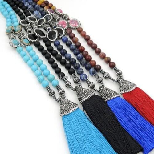 Pave CZ Silk Tassel Pendants Necklaces 8mm Natural Stones Beads And Pave CZ Beads Knot Handmade
