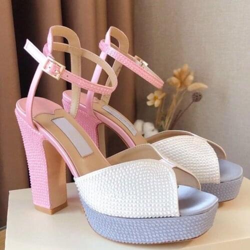 Mixed Colors Sandals Women High Heels Platform Shoes Ankle Strap Genuine Leather Party Shoes Sweet Style Luxury Brand Designer