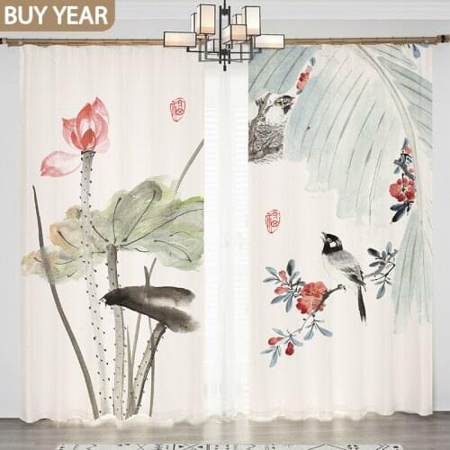 Modern Chinese Curtains for Living Room dining Bedroom Simple Lotus Plantain Painting Flowers and Birds Folk Custom Curtain