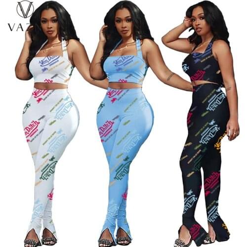 VAZN 2021 Top Quality Letter Sexy Soft Young High Street Spaghetti Strap Top Long Pencil Pants Skinny Women 2 Piece Set