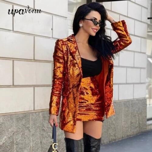 Fashion Runway Shiny Set Womens Lapel Long Sleeve Slim Gold Sequin Blazer + Mini Skirt 2 Piece Club Night Party suits Womens