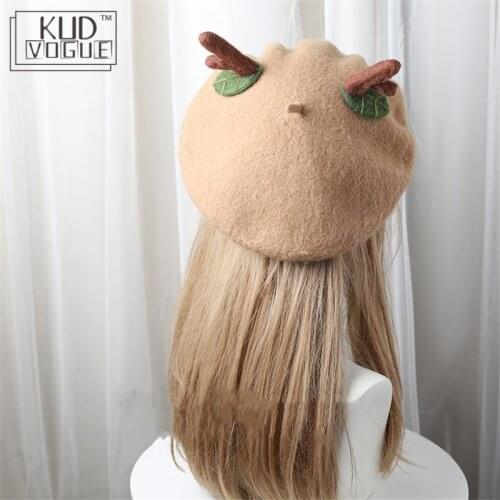 Christmas Elk Winter Hat Wool Lolita Beret Hat Female Princess Gift Sweet Small Deer Horn Leaf Felt Fashion Lovely Autumn Beret