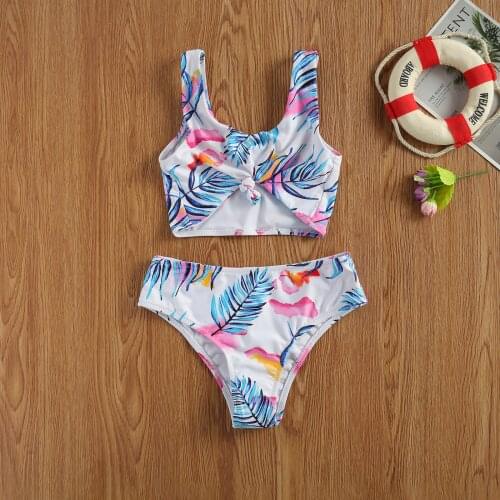 2 Pcs Girls Fashionable Swimsuit Bikini Set Floral Plant Print Round Neck Sleeveless Short Camisole Elastic Panties Swimsuit