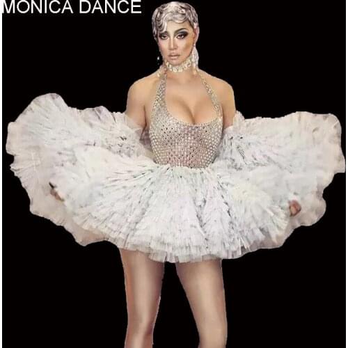 Sexy Backless Halter Silver Rhinstones Mini Dress Women Prom Crystals Dance Costume Nightclub DJ Singer Performance Stage Dress