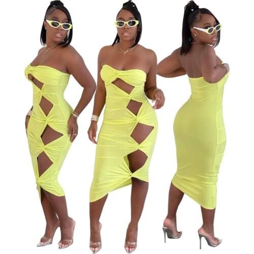 2021 Summer Yellow Fashion Sexy Pure Color Hollow Backless Sleeveless Sleeveless Dress Knotted Slim Dress