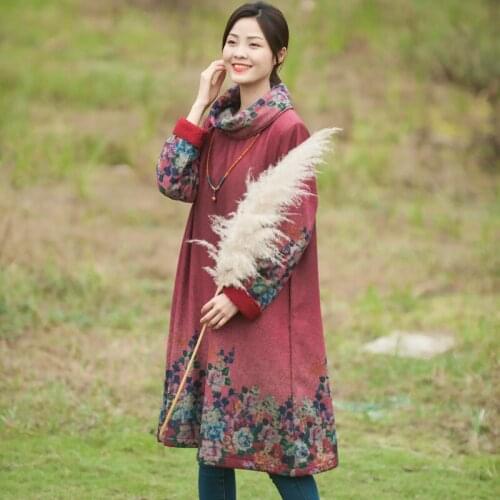 Women Winter Fleece Printed Turtlenck Dress Ladies Print Floral Retro Dresses Female Plus Size Vintage Dresses 2019 Dress