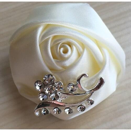 1 Piece Wedding Ribbon corsage Groomsman Groom Boutonniere Party Prom Man Corsage Handmade Satin Rose Crystal Men Suit Brooch