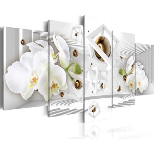 5D Diamond Wall Painting White Orchid Sticker 5 Pcs Picture Flower Full Round Drill Cross Stitch Beadwork Embroidery Home Decor