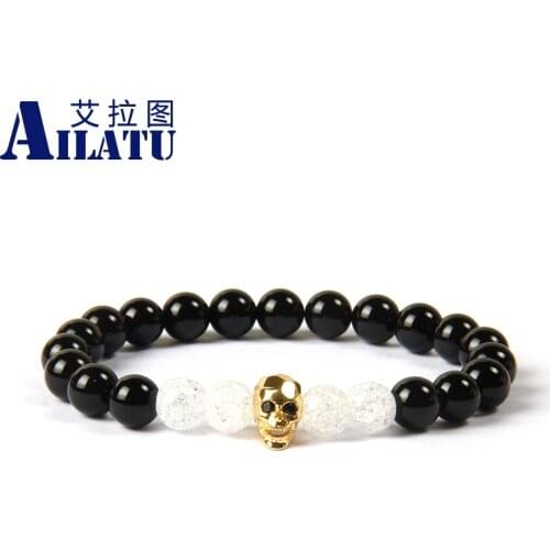 Ailatu Jewelry Wholesale 8mm Natural Black Onyx Stone with Popcorn Crystal Beads Black Cz Skull Beaded Bracelet