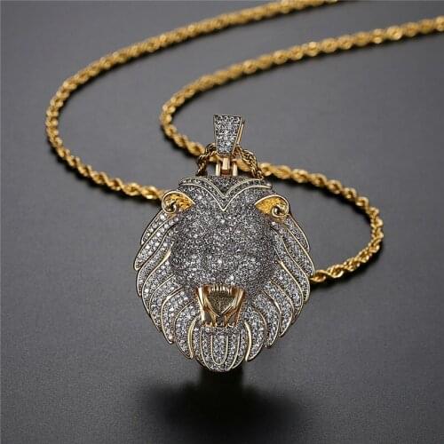 Iced Out Cubic Zircon Lion Head Pendant Luxury Animal Necklace Bling Hip Hop Designer Jewelry For Men Gift