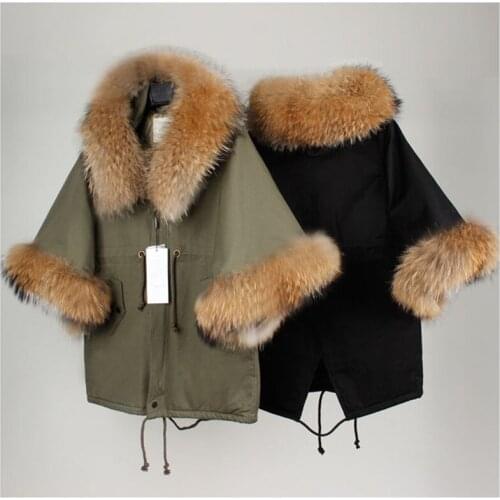 Raccoon Large Fur Collar Army Green Casual Overcoat Women Winter Coat Jacket Flare Sleeve Cloak Cotton-padded Outerwear