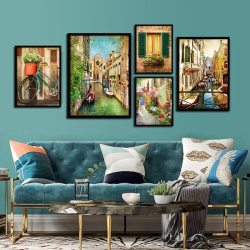European Style Town City Landscape Classical Castle Oil Canvas Painting Room Bicycle Posters and Prints Decor Wall Pictures