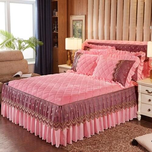 Crystal Velvet Thick Bed Skirt Lace Bedspread Pillowcase 1/3pcs Velvet Girls Bedclothes Bed Sheet Wedding Bedding Home #sw