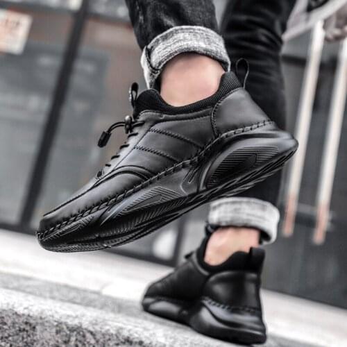 Leather stitching mens running shoes lace-up non-slip casual shoes comfortable sports shoes large size