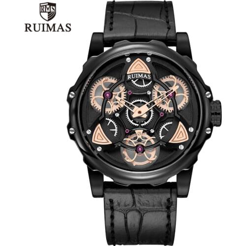 RUIMAS Men Watch Creative Wristwatch Gentleman Clock Rotate Black Leather Band Wristwatches Clock Relogio Masculino erkek kol