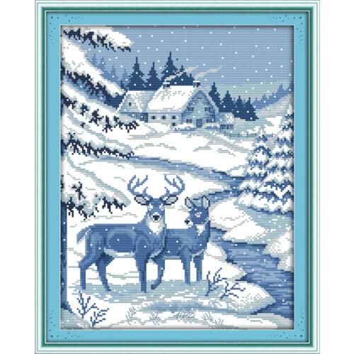 Two snow deer cross stitch kit 14ct 11ct pre stamped canvas embroidery DIY handmade needlework
