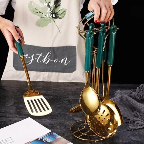 Nordic Style Kitchenware Set Stainless Steel Cookware With Ceramic Handle Hook Up House Spoon Skimmer Fork Kitchen Accessories