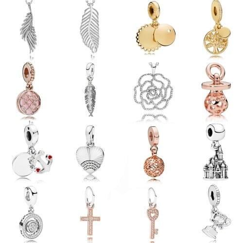 NEW 2019 100% 925 Sterling Silver Rose Gold Cross Castle Trophy Love Key Pendant Charm Fit DIY Original Women Bracelet Jewelry