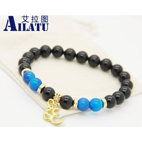 Ailatu New Design Nice Jewelry Wholesale Om Charm Bracelet Natural Black Onyx Stone Beads