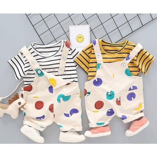 Baby boy baby girl clothes childrens clothing summer cartoon jeans bib suit striped letters short sleeve baby two-piece suit