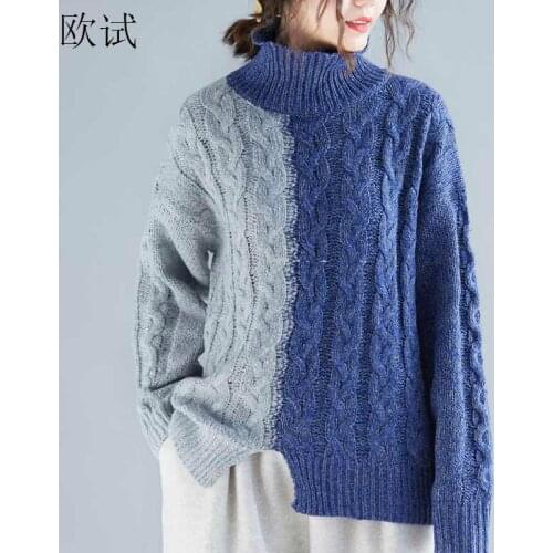 Plus Size Patchwork Turtleneck Sweater Jumper Women Knitted Pull Femme Pullover 2020 Winter Sweaters Wool Knitwear Chunky Tops