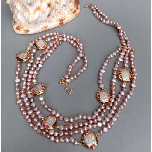 YYGEM 4 strands natural Cultured Freshwater Purple Fancy Pearl Square Pearl Gold Plated Necklace 21"