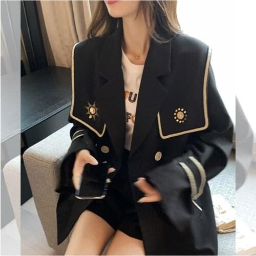 Black Sailor Collar Small Suit High-Grade Jacket Womens Loose All-match Korean-Style College-Style Top Fashion