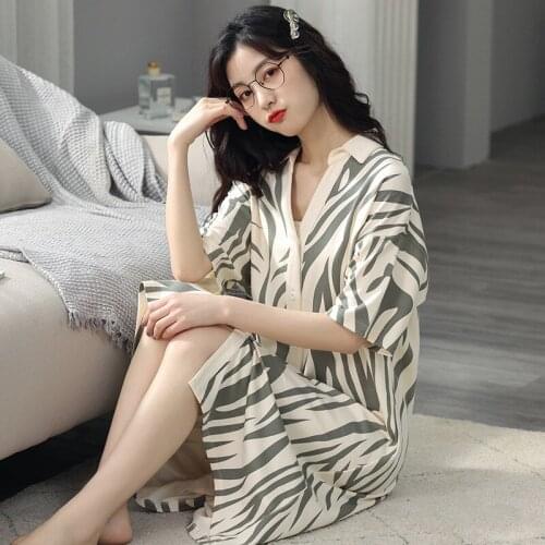 Sexy Turn-Down Women Shirt Nightgown Print Stripe Nightdress Summer Loose Sleepshirts Button Knee-Length Skirt Home Clothes