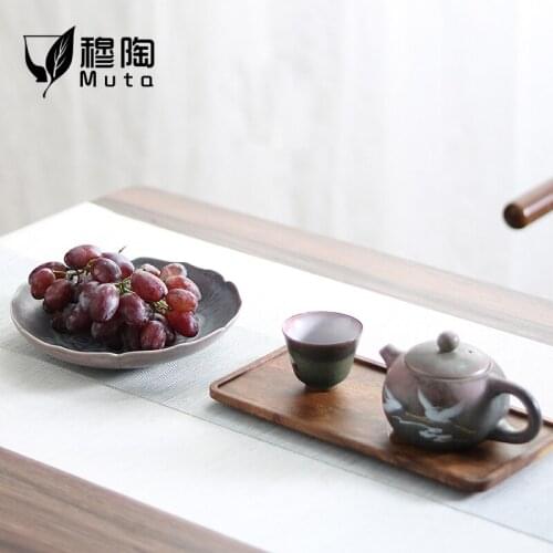 Handmade Japanese-Style Pottery Tea Cake Tray Snack Dried Fruit Tray High Base Fruit Plate Ceramic Tea Tray Ceremony Accessories